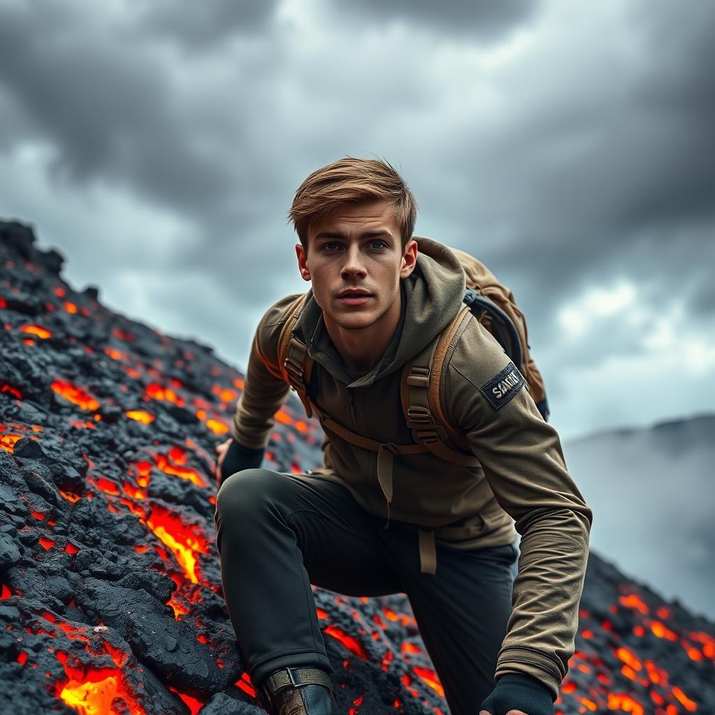 A young man climbing up a steep slope that is covered in molten lava, showcasing determination and bravery