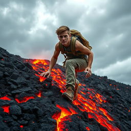 A young man climbing up a steep slope that is covered in molten lava, showcasing determination and bravery