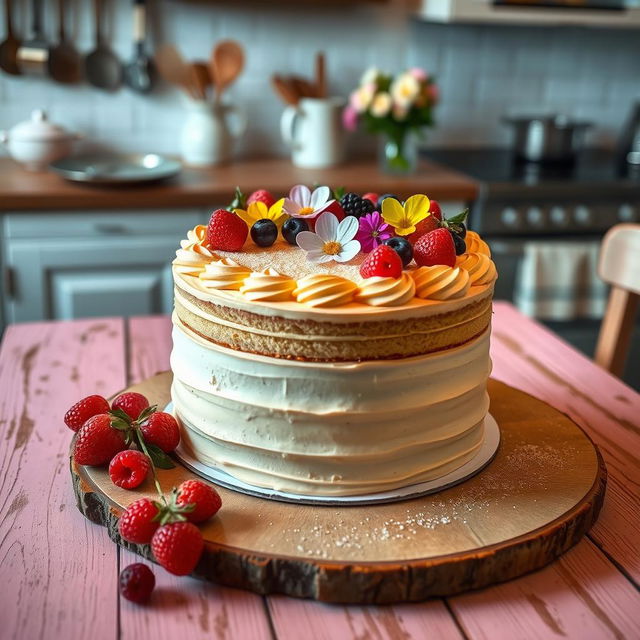 A beautifully decorated cake with layers of sponge and cream, adorned with fresh fruits, edible flowers, and a glossy ganache finish