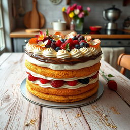 A beautifully decorated cake with layers of sponge and cream, adorned with fresh fruits, edible flowers, and a glossy ganache finish