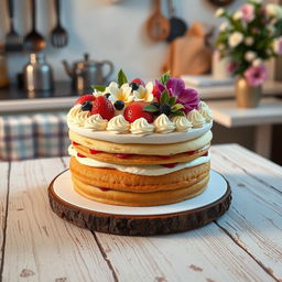 A beautifully decorated cake with layers of sponge and cream, adorned with fresh fruits, edible flowers, and a glossy ganache finish