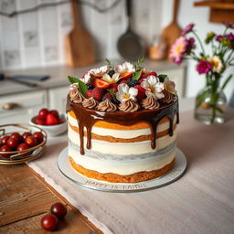 A beautifully decorated cake with layers of sponge and cream, adorned with fresh fruits, edible flowers, and a glossy ganache finish