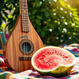 A beautifully composed image featuring a traditional Turkish baglama and a vibrant watermelon