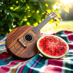 A beautifully composed image featuring a traditional Turkish baglama and a vibrant watermelon