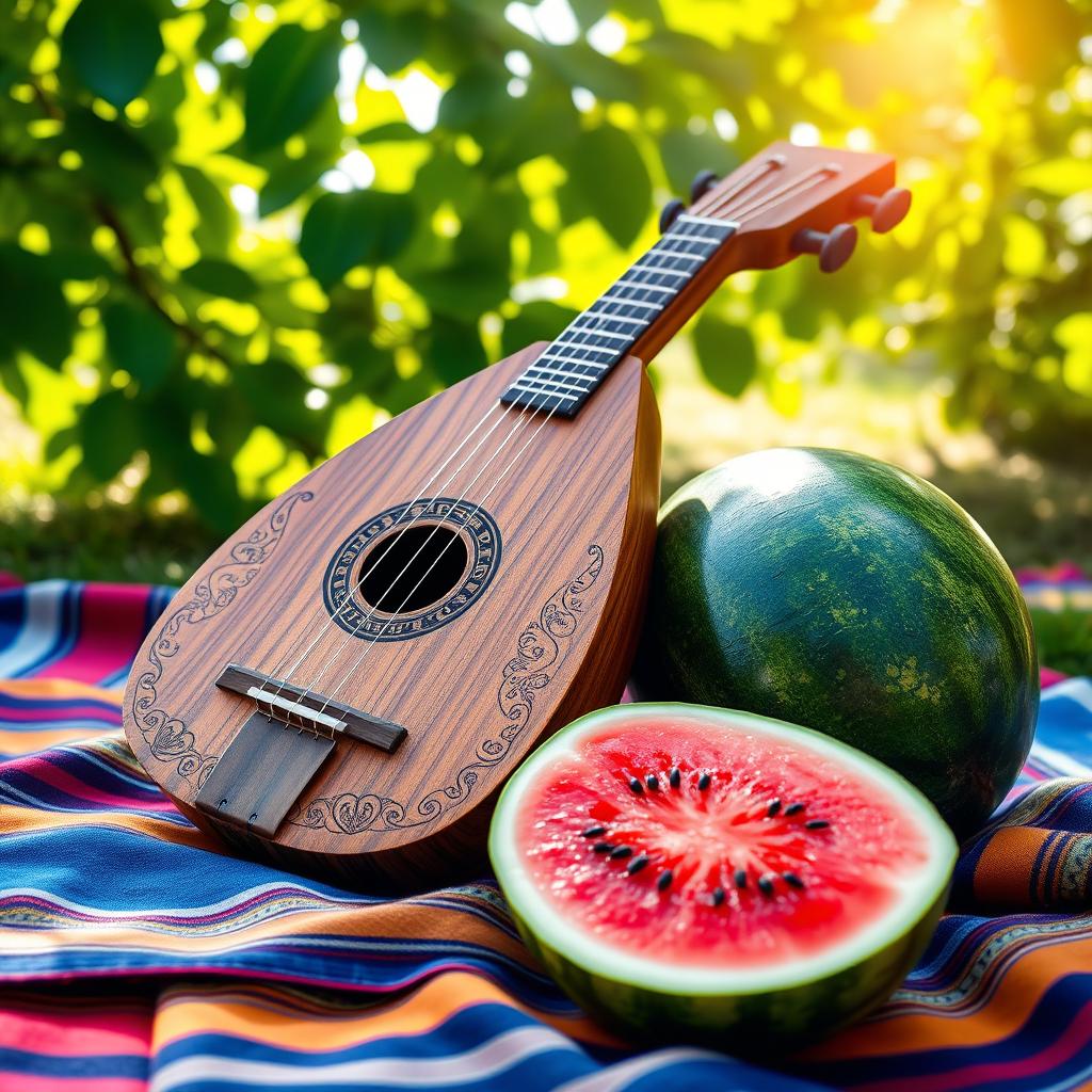 A beautifully composed image featuring a traditional Turkish baglama and a vibrant watermelon