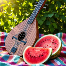 A beautifully composed image featuring a traditional Turkish baglama and a vibrant watermelon