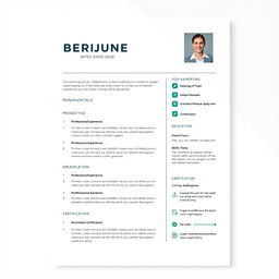 A modern, sleek resume design that features a clear and concise layout, highlighting key sections such as personal details, professional experience, skills, education, and contact information