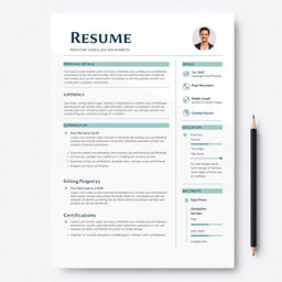 A modern, sleek resume design that features a clear and concise layout, highlighting key sections such as personal details, professional experience, skills, education, and contact information