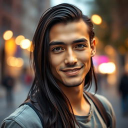A slender man with beautiful black eyes and eyebrows, featuring long hair that reaches his neck