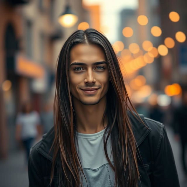 A slender man with beautiful black eyes and eyebrows, featuring long hair that reaches his neck