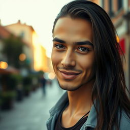 A slender man with beautiful black eyes and eyebrows, featuring long hair that reaches his neck