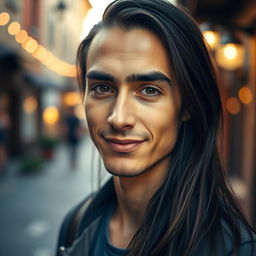 A slender man with beautiful black eyes and eyebrows, featuring long hair that reaches his neck