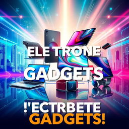 A vibrant and eye-catching advertisement for electronic gadgets, featuring the latest smartphones, laptops, and wearable technology displayed creatively in a modern tech-inspired environment