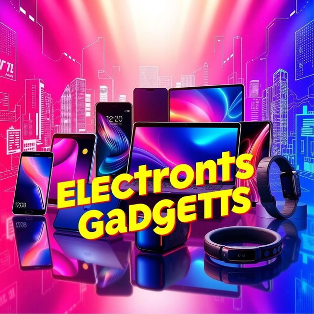 A vibrant and eye-catching advertisement for electronic gadgets, featuring the latest smartphones, laptops, and wearable technology displayed creatively in a modern tech-inspired environment