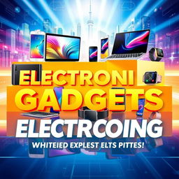 A vibrant and eye-catching advertisement for electronic gadgets, featuring the latest smartphones, laptops, and wearable technology displayed creatively in a modern tech-inspired environment