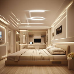 A modern hi-tech 21 square meter (3.5m x 6m) bedroom ideal for a married couple. The design should incorporate advanced technology features.