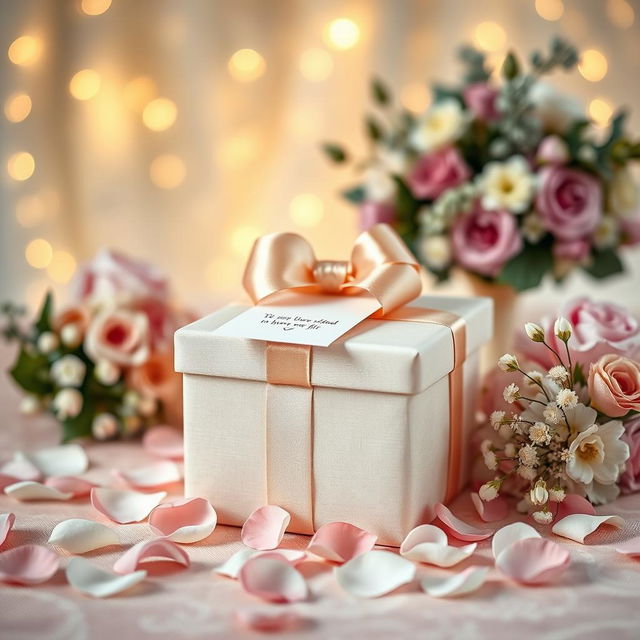 A beautifully designed wedding gift scene showcasing an elegantly wrapped present with a satin ribbon on top, surrounded by flower petals