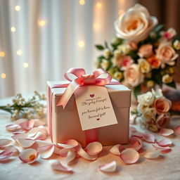 A beautifully designed wedding gift scene showcasing an elegantly wrapped present with a satin ribbon on top, surrounded by flower petals