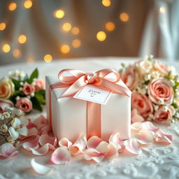 A beautifully designed wedding gift scene showcasing an elegantly wrapped present with a satin ribbon on top, surrounded by flower petals
