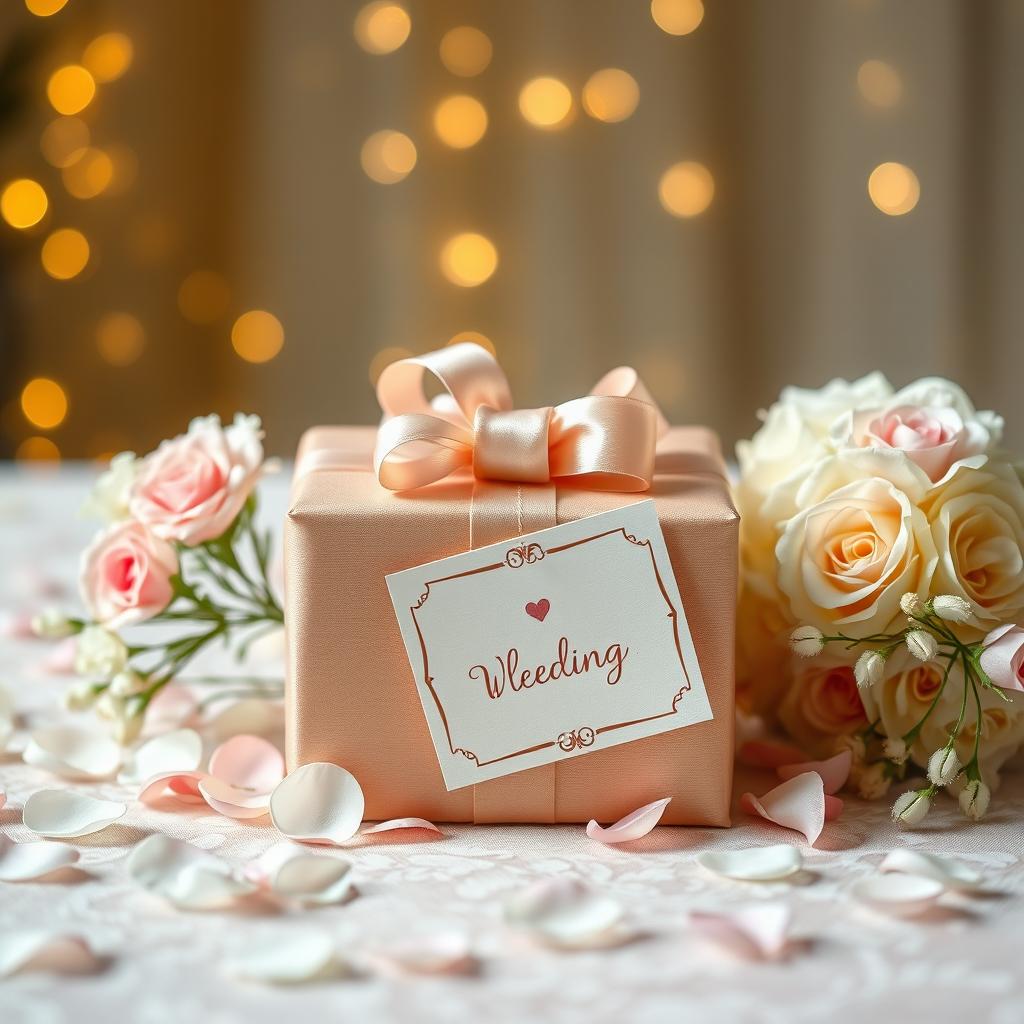 A beautifully designed wedding gift scene showcasing an elegantly wrapped present with a satin ribbon on top, surrounded by flower petals