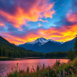 A breathtaking landscape with a majestic mountain range in the background, covered with a blanket of snow, under a vivid sunset sky filled with hues of orange, pink, and purple