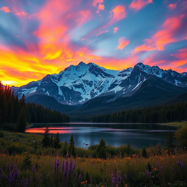 A breathtaking landscape with a majestic mountain range in the background, covered with a blanket of snow, under a vivid sunset sky filled with hues of orange, pink, and purple