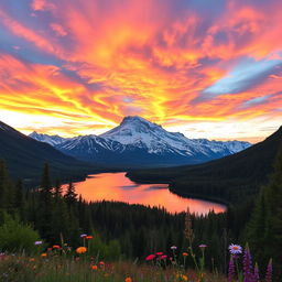 A breathtaking landscape with a majestic mountain range in the background, covered with a blanket of snow, under a vivid sunset sky filled with hues of orange, pink, and purple