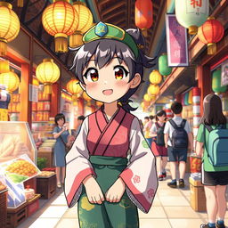A stylized anime character embodying traits of a skilled vendor, dressed in vibrant traditional clothing, bustling through a lively market filled with colorful stalls and goods