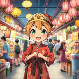 A stylized anime character embodying traits of a skilled vendor, dressed in vibrant traditional clothing, bustling through a lively market filled with colorful stalls and goods