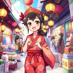 A stylized anime character embodying traits of a skilled vendor, dressed in vibrant traditional clothing, bustling through a lively market filled with colorful stalls and goods