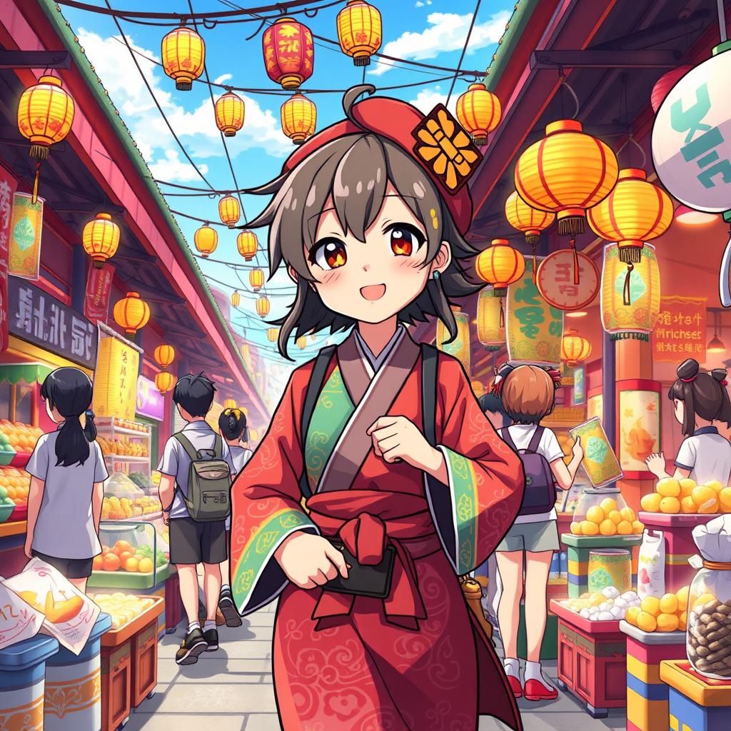 A stylized anime character embodying traits of a skilled vendor, dressed in vibrant traditional clothing, bustling through a lively market filled with colorful stalls and goods