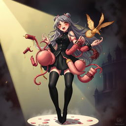 A dramatic illustration of a girl with thigh-high stockings, set in a surreal and dark fantasy environment