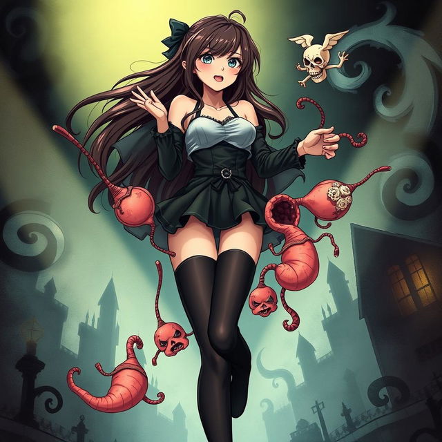 A dramatic illustration of a girl with thigh-high stockings, set in a surreal and dark fantasy environment