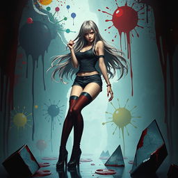 A striking image of a girl wearing thigh-high stockings, amidst a surreal and artistic interpretation of a gore-themed background