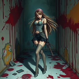 A striking image of a girl wearing thigh-high stockings, amidst a surreal and artistic interpretation of a gore-themed background