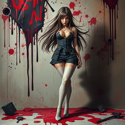 A striking image of a girl wearing thigh-high stockings, amidst a surreal and artistic interpretation of a gore-themed background