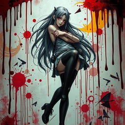 A striking image of a girl wearing thigh-high stockings, amidst a surreal and artistic interpretation of a gore-themed background