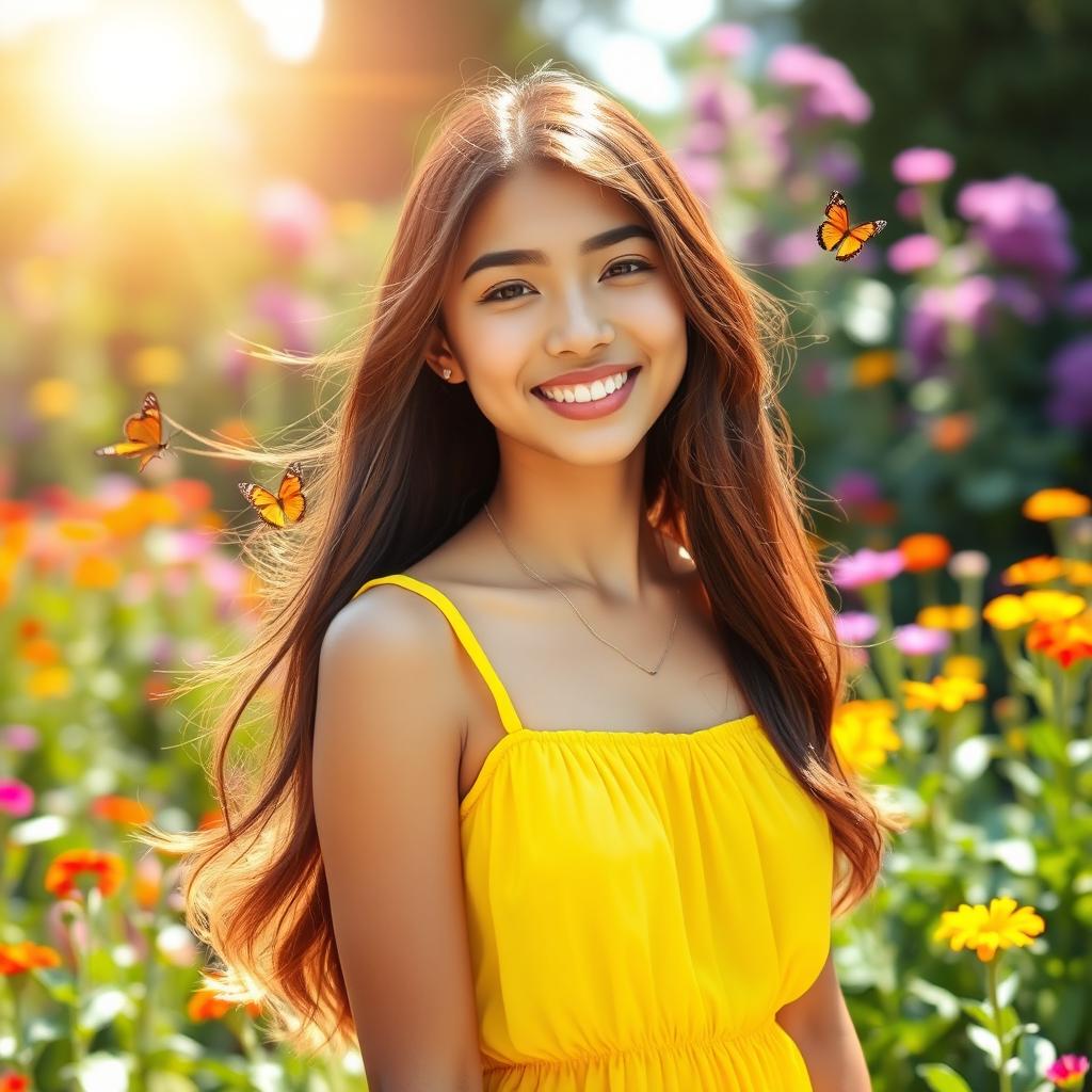 A portrait of a young woman with long, flowing hair, wearing a bright summer dress in a lush garden filled with colorful flowers