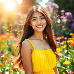 A portrait of a young woman with long, flowing hair, wearing a bright summer dress in a lush garden filled with colorful flowers