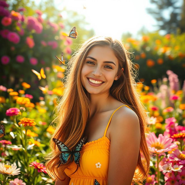 A portrait of a young woman with long, flowing hair, wearing a bright summer dress in a lush garden filled with colorful flowers