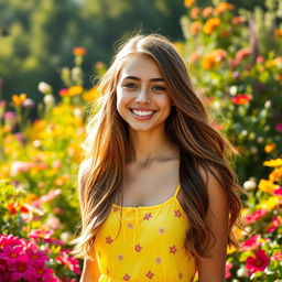 A portrait of a young woman with long, flowing hair, wearing a bright summer dress in a lush garden filled with colorful flowers