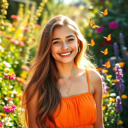 A portrait of a young woman with long, flowing hair, wearing a bright summer dress in a lush garden filled with colorful flowers