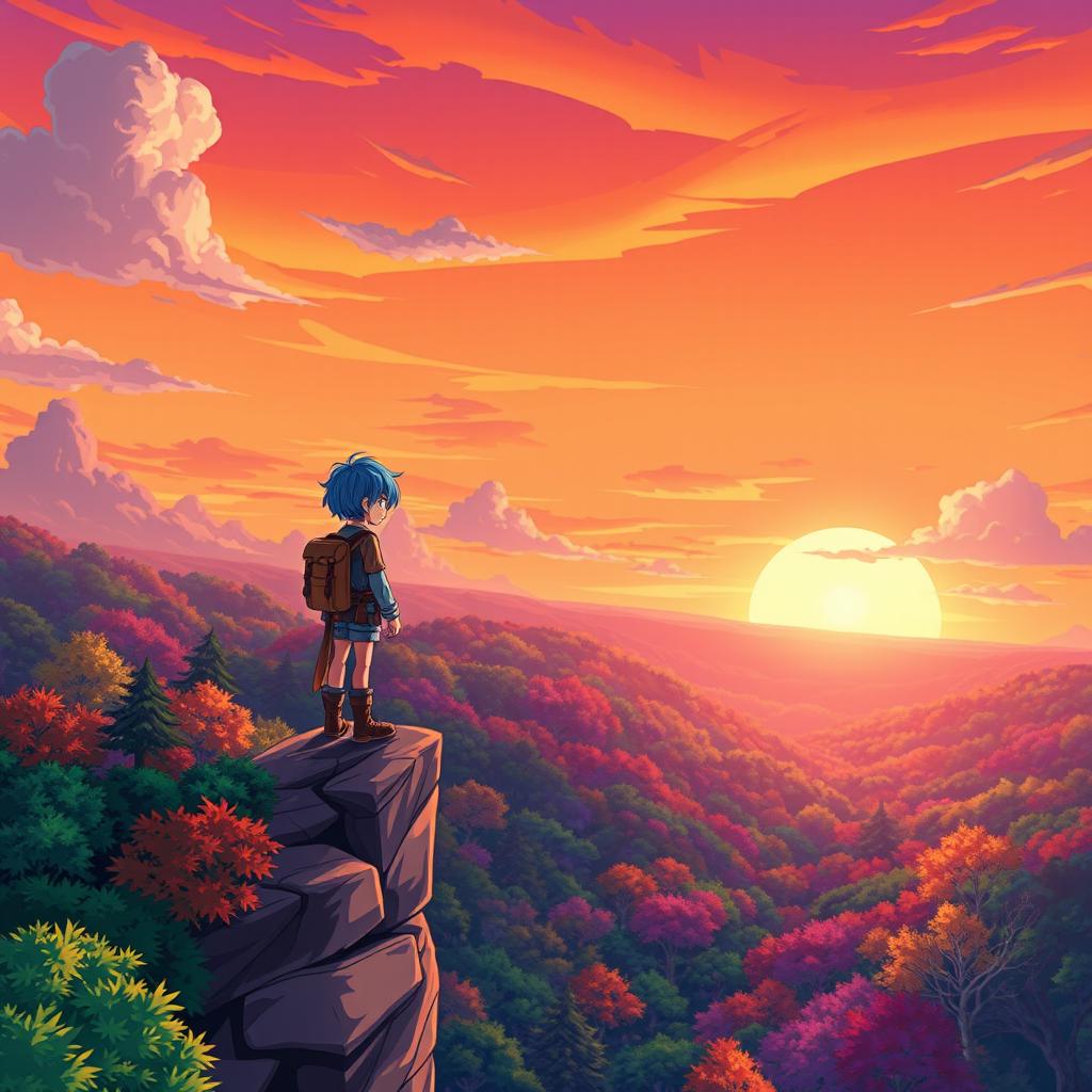 A vibrant anime scene featuring an adventurous young hero standing on a cliff, overlooking a breathtaking sunset