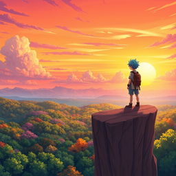 A vibrant anime scene featuring an adventurous young hero standing on a cliff, overlooking a breathtaking sunset