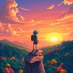 A vibrant anime scene featuring an adventurous young hero standing on a cliff, overlooking a breathtaking sunset