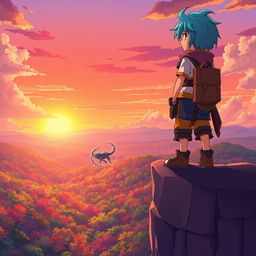 A vibrant anime scene featuring an adventurous young hero standing on a cliff, overlooking a breathtaking sunset