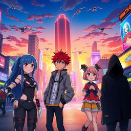 A vibrant anime scene featuring a futuristic cityscape at sunset, with colorful neon lights illuminating the streets