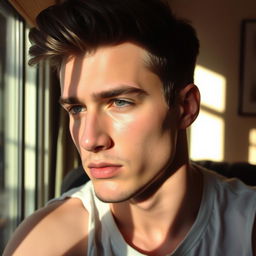 A handsome young man with a detailed face and expressive features, casting shadows on his face from a nearby window