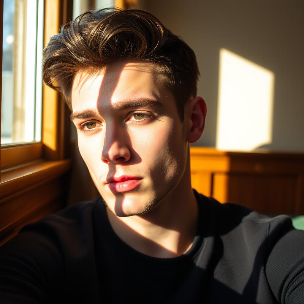 A handsome young man with a detailed face and expressive features, casting shadows on his face from a nearby window