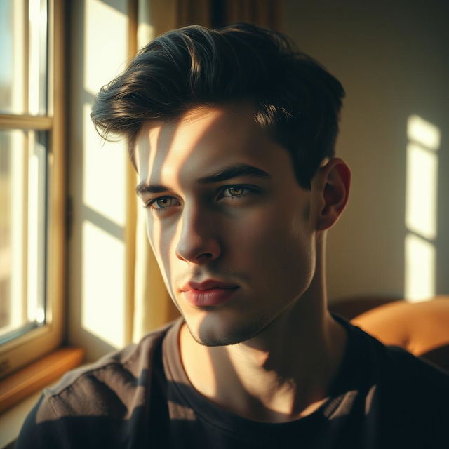 A handsome young man with a detailed face and expressive features, casting shadows on his face from a nearby window